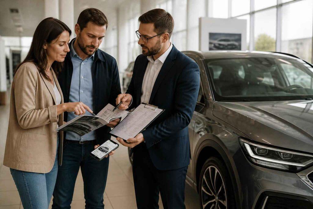 Doradca omawia ofertę z parą przy samochodzie Para klientów przegląda dokumenty z doradcą obok nowego samochodu w salonie dealerskim